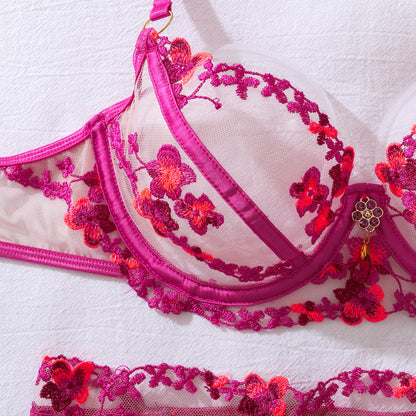 Fuchsia Bloom Embroidered Lingerie Set with Gemstone Charm