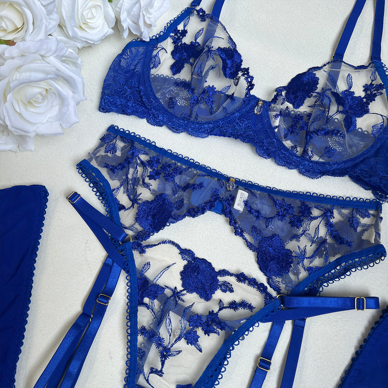 Midnight Fleur Sapphire Embroidered Lingerie Set