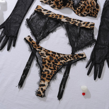 Wild Elegance Leopard Lace Lingerie Set with Gloves