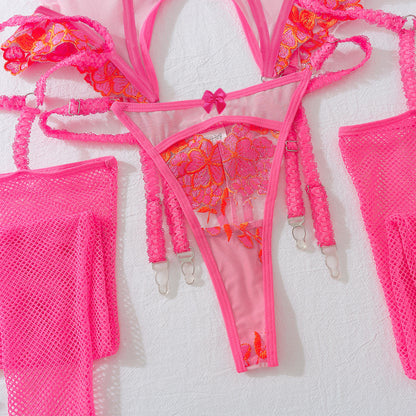 Moonlight Rose Embroidered Bustier Set (White & Hot Pink)