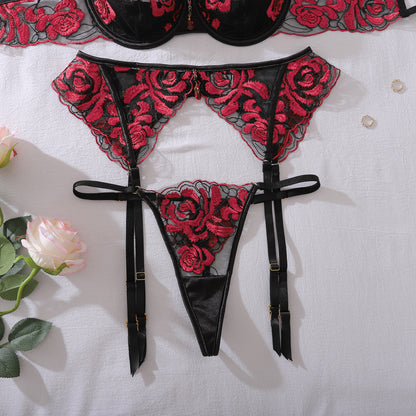 Crimson Rose Embroidered Lingerie Set