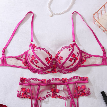 Fuchsia Bloom Embroidered Lingerie Set with Gemstone Charm