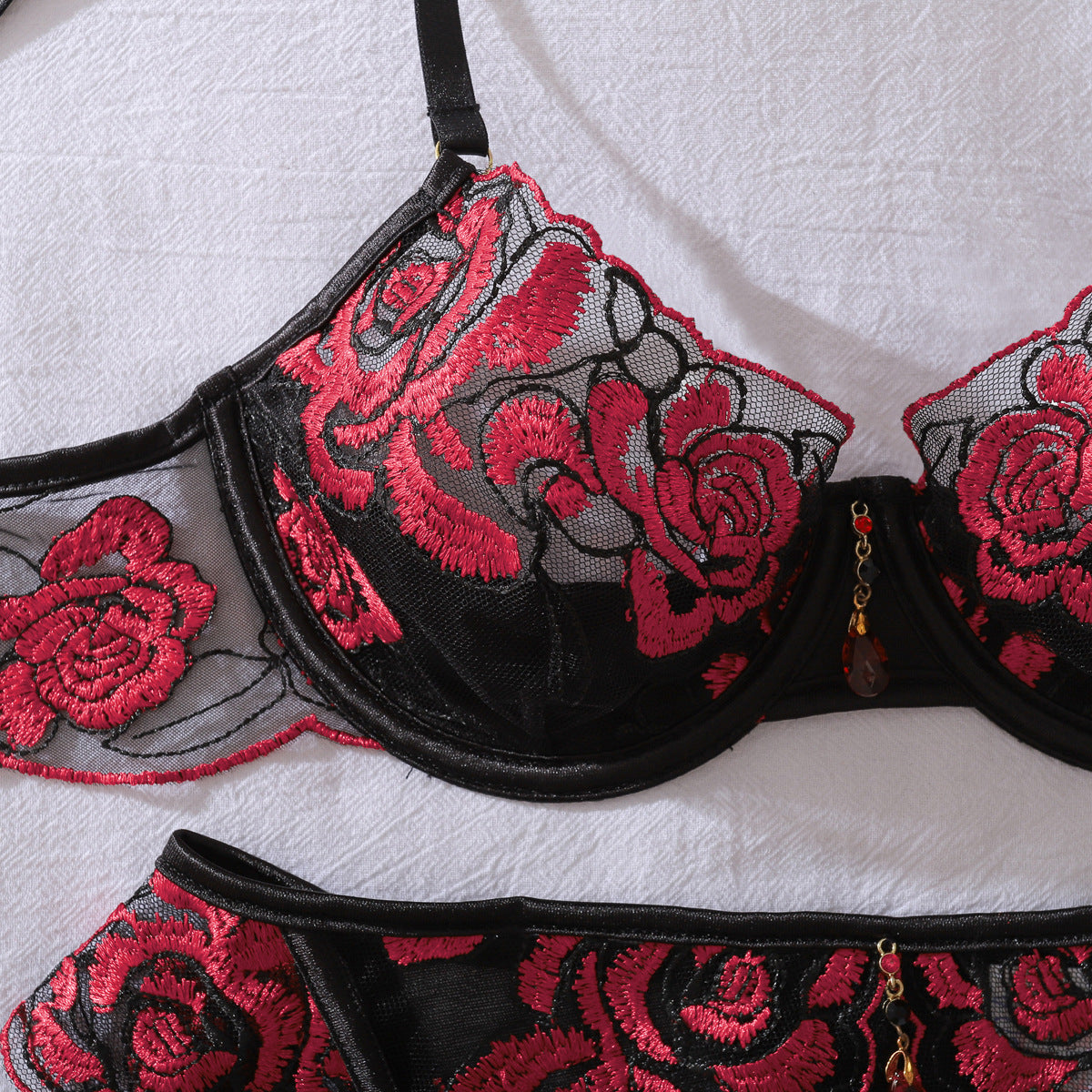 Crimson Rose Embroidered Lingerie Set