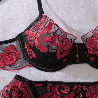 Crimson Rose Embroidered Lingerie Set