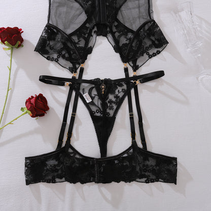 Scarlet Seduction Floral Burlesque Bustier Set (Red & Black)