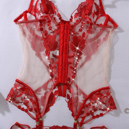 Scarlet Seduction Floral Burlesque Bustier Set (Red & Black)
