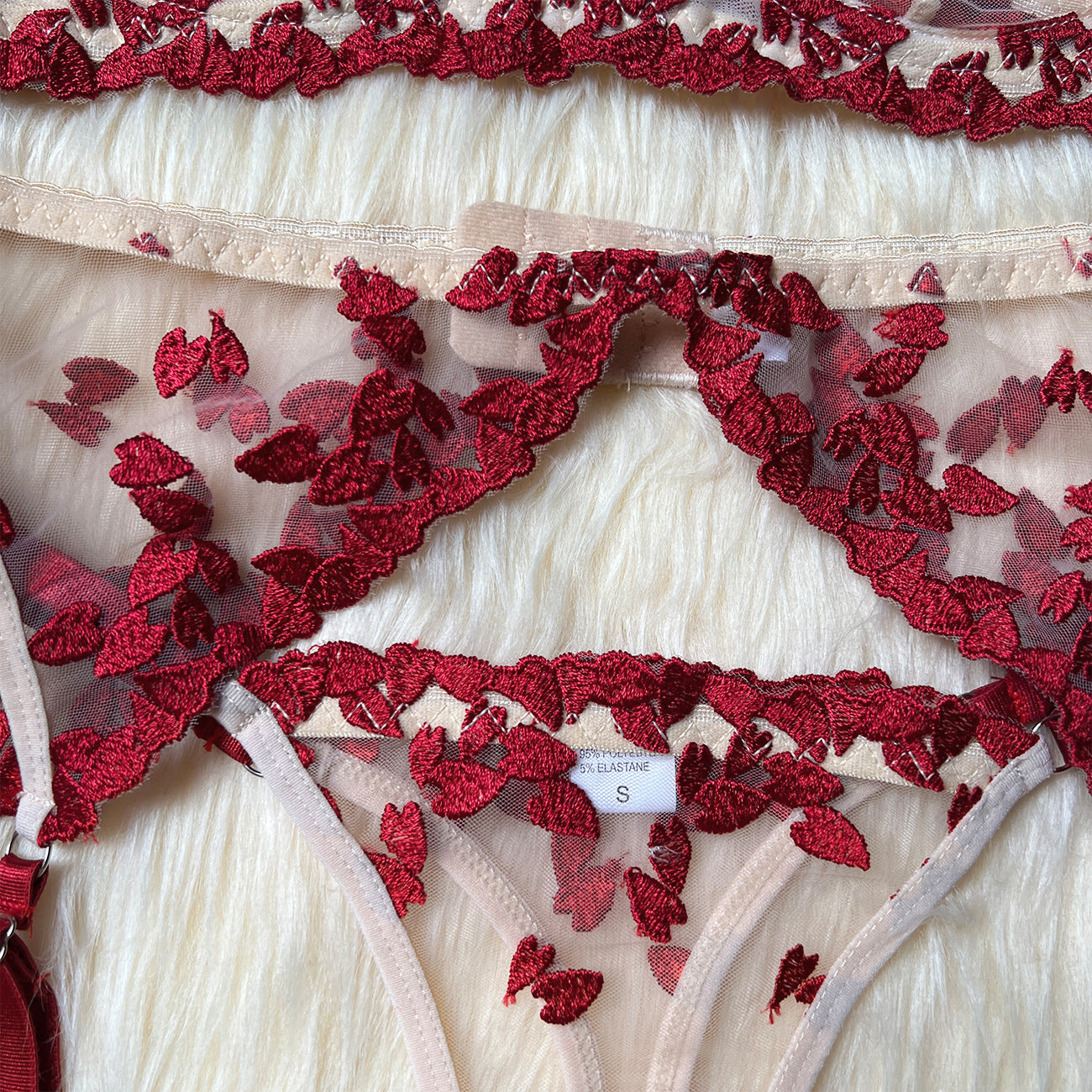 Crimson Bloom Heart Embroidered Lingerie Set