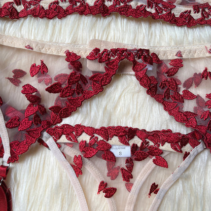 Crimson Bloom Heart Embroidered Lingerie Set