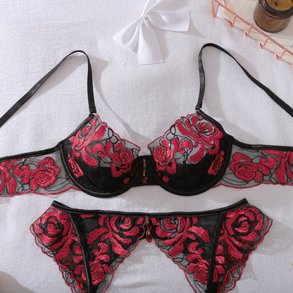 Crimson Rose Embroidered Lingerie Set