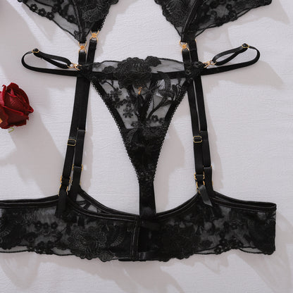 Scarlet Seduction Floral Burlesque Bustier Set (Red & Black)