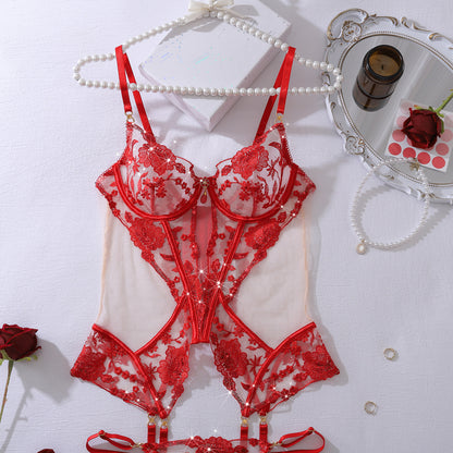 Scarlet Seduction Floral Burlesque Bustier Set (Red & Black)