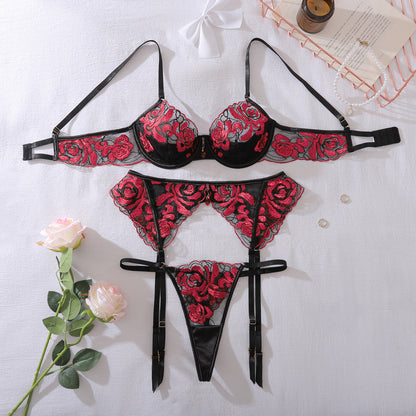 Crimson Rose Embroidered Lingerie Set
