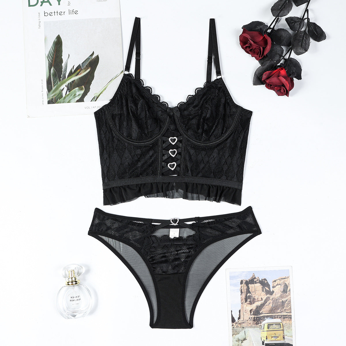 Black Rosette Bustier Set