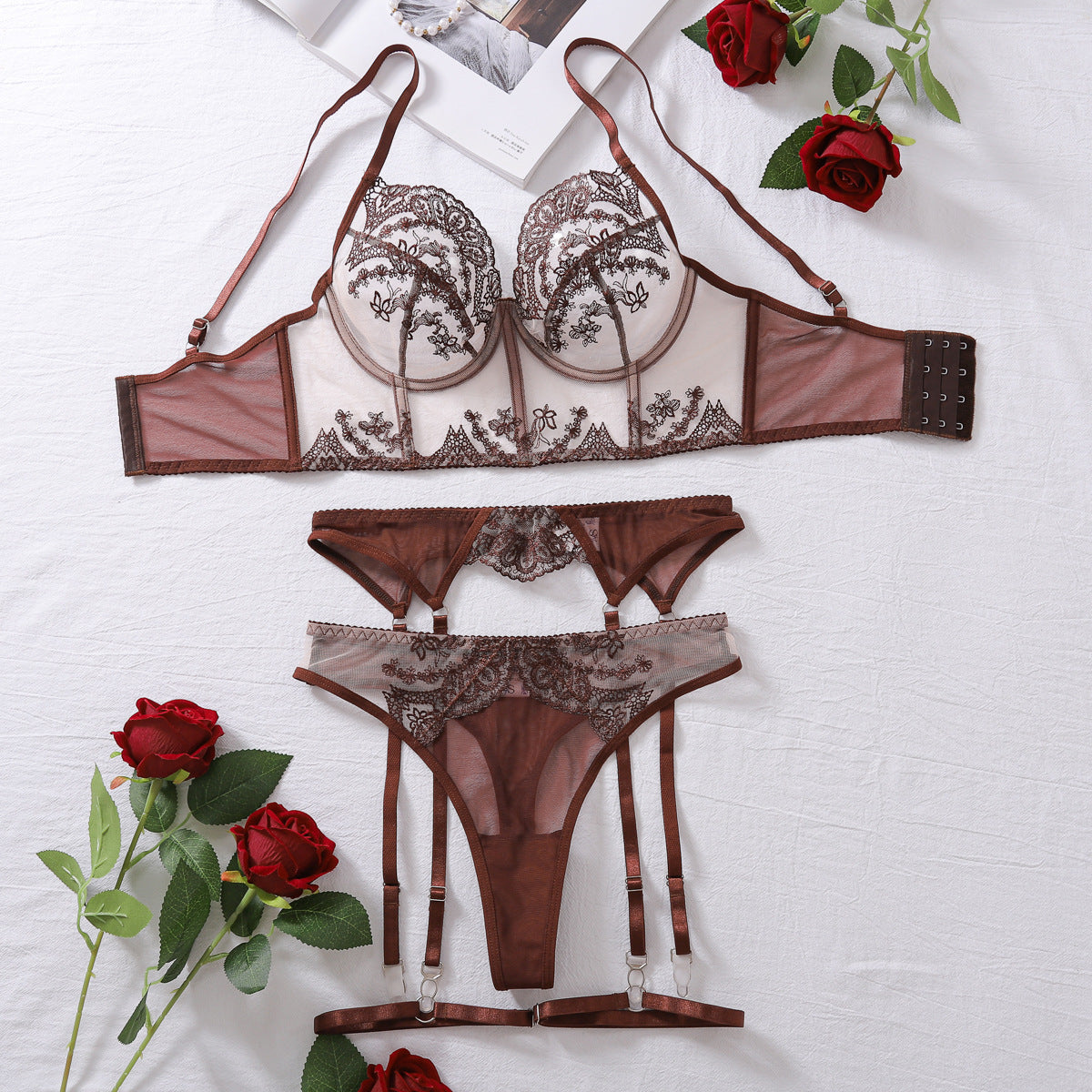 Mocha Elegance Embroidered Bustier Set