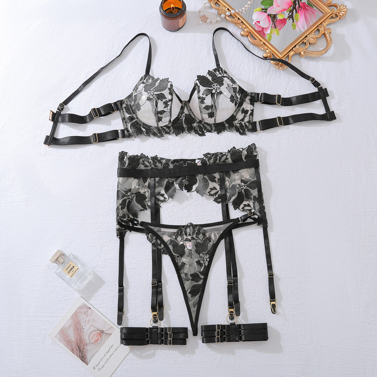 Dark Botanica Embroidered Floral Lingerie Set