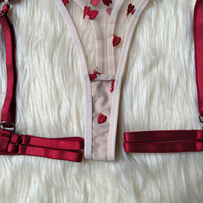 Crimson Bloom Heart Embroidered Lingerie Set