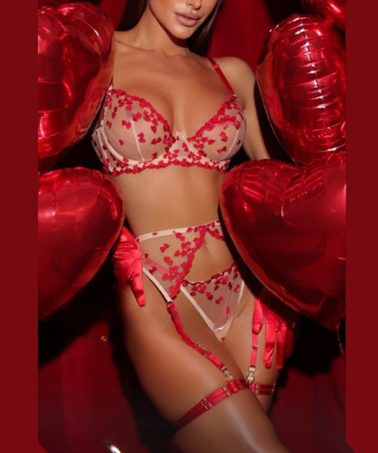Crimson Bloom Heart Embroidered Lingerie Set