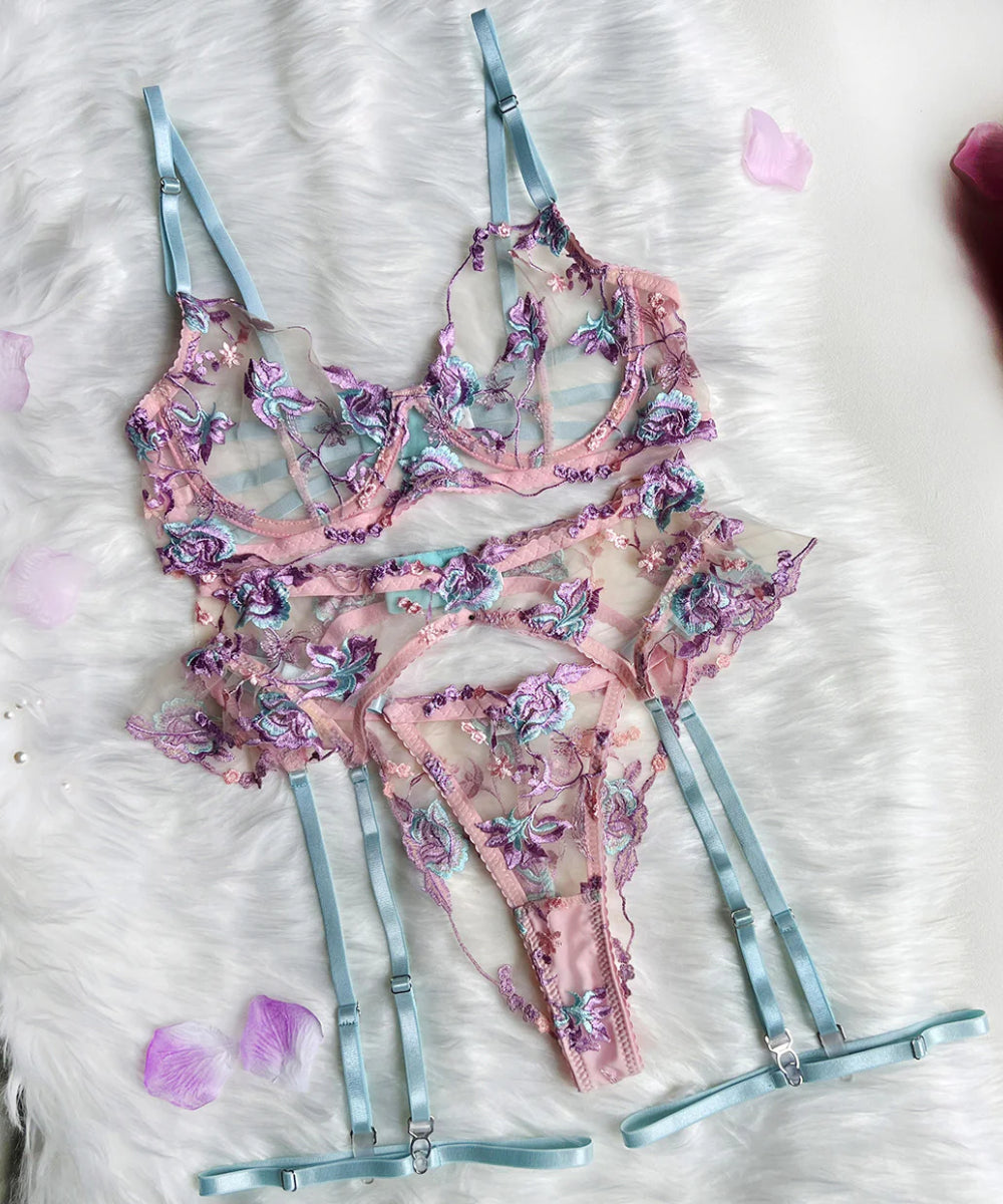 Whispering Petals Floral Embroidered Lingerie Set