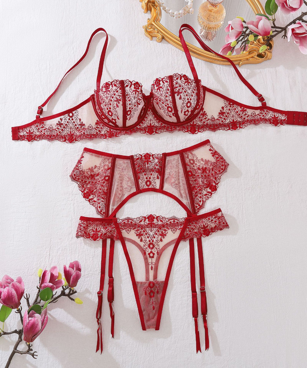 Cabaret Rouge Embroidered Lace Lingerie Set (Black & Red)