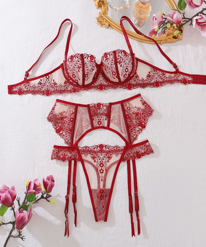 Cabaret Rouge Embroidered Lace Lingerie Set (Black & Red)