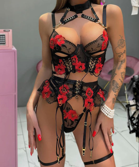Forbidden Rose Embroidery Bustier Set