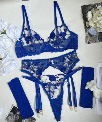 Midnight Fleur Sapphire Embroidered Lingerie Set
